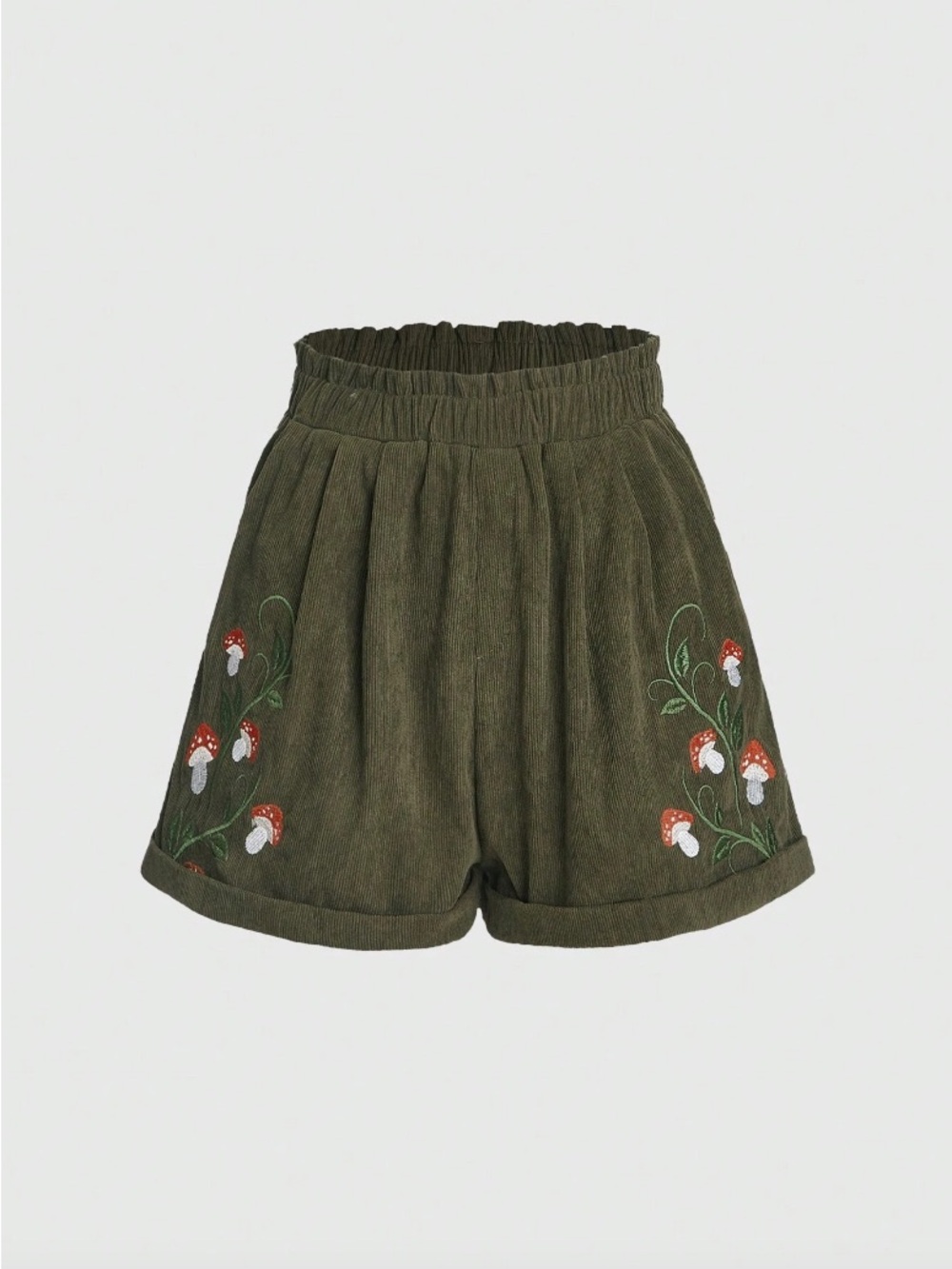 ROMWE Olive Green Corduroy High Waist Shorts with Mushroom Embroidery